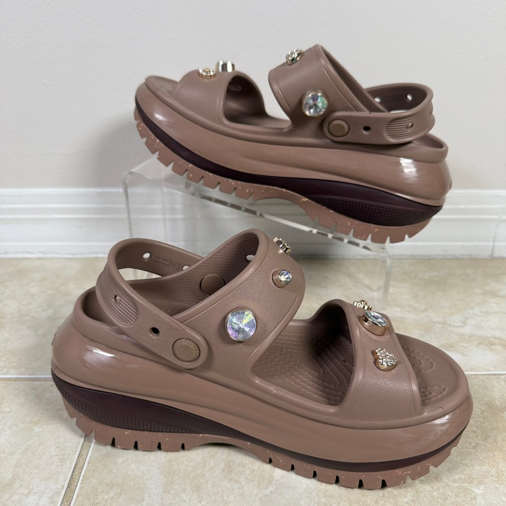 Crocs Mega Crush Sandal Womens 6 Brown Platform Rhinestone Heart Jibbitz 207989 - Picture 2 of 8